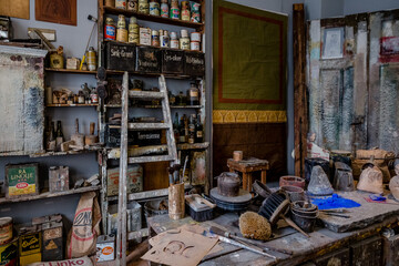 old painters room with tools