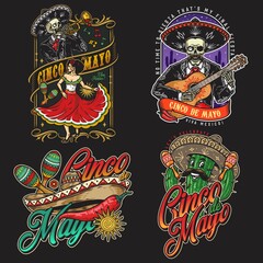 Fototapeta na wymiar Colorful Mexico vintage emblems set