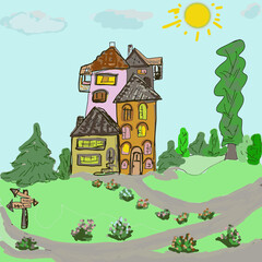 Houses against the sky with clouds and sunshine. a house in the middle of a forest. a nice cosy street with cottages.