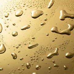 Golden metal water drops on shiny metallic surface