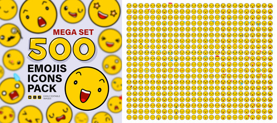 500 chic cartoon emoji set. Mega set of emoticon smile icons. Kawaii cute faces. Manga style eyes and mouths Vector emoticon set