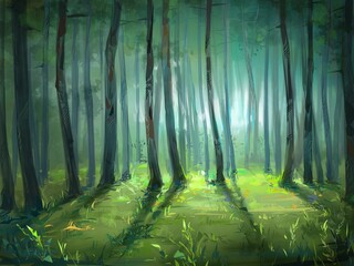 Forest landscape with sunlight, digital painting