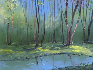 Park landscape with river and trees, digital painting