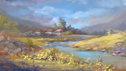 Rural landscape with the river, digital painting