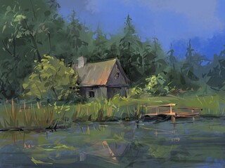 Small house in the forest by the river, digital painting