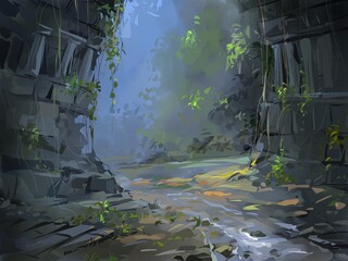 Landscape with stream and old ruins, digital painting