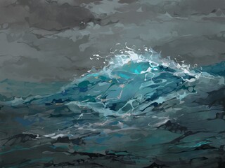 Green stormy sea wave, digital painting