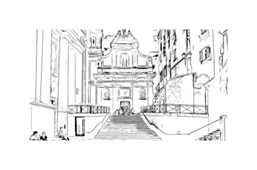 Building view with landmark of Menton is the 
commune in France. Hand drawn sketch illustration in vector.