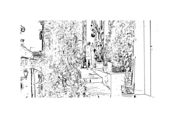 Building view with landmark of Menton is the 
commune in France. Hand drawn sketch illustration in vector.