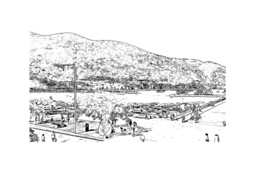 Obraz premium Building view with landmark of Menton is the commune in France. Hand drawn sketch illustration in vector.