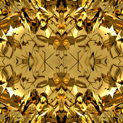 Seamless mirror texture with golden elements and solar reflection. Yellow background with broken gold. 3D image. Broken metal surface.
