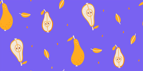 Seamless pattern with pear fruit. Healthy natural food. Whote and half pears on violet background. Organic, eco. Printing on fabric, wallpaper, textiles. Flat hand drawn vector illustration