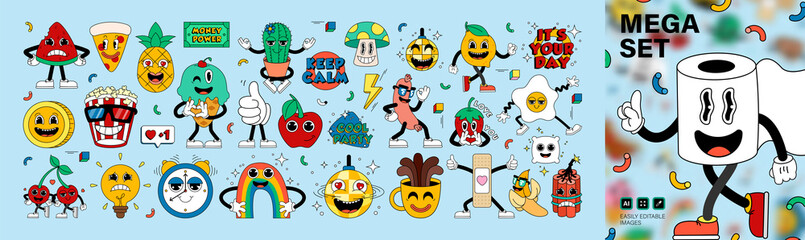 Mega set retro cartoon stickers with funny comic characters, gloved hands. Contemporary illustration with cute comic book characters. Hand drawn doodle comic characters. Contemporary cartoon style set