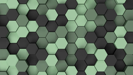 Background with black and pastel green hexagons. 3d render illustration