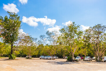 Parking lot with cars jungle to Kaan Luum lagoon Mexico. © Arkadi