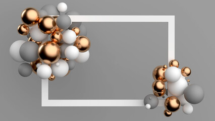 Abstract background with spheres. White, gold and gray balls. 3d render illustration
