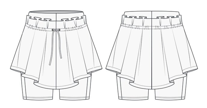 Womens Mini Skirt fashion design flat template. Girls Skirt fashion technical drawing template. Sports wear fashion dasign set template. 