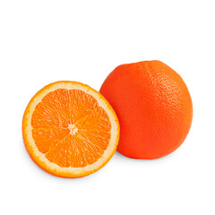 Whole and halved sliced juicy fresh ripe orange fruit isolated on white background. Healthy eating and vegan dieting concept
