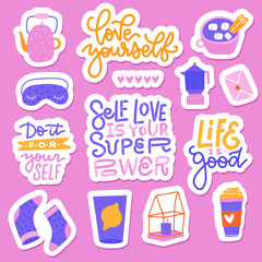 Set of self care icons and quotes. Love, relax, me time, slow life concept elements. Sticker collection with relax things and lettering slogans. Flat hand drawn vector illustration.