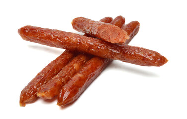 Smoked sausages on white background