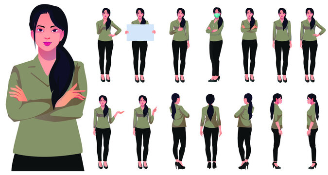 set of working women vector characters design in diffrent posses front back and side view real character style