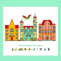 Fototapeta premium Find the image in the picture. Educational children's game. Fairy castle with princess, knight and dragon.