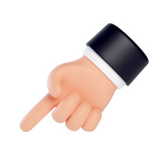 High quality 3D business hand gestures. 3d hand point finger down to bottom left corner. Friendly funny cartoon style isolated on white background.