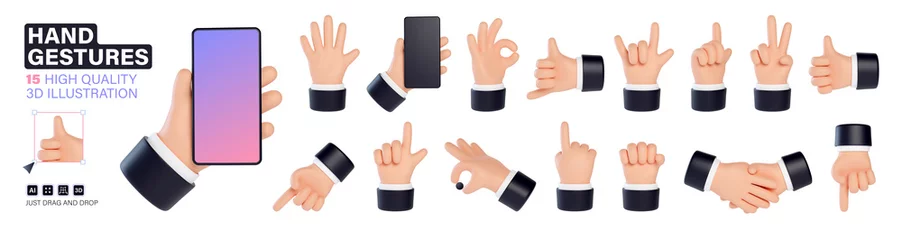 Foto op Canvas 15 High quality 3D business hands gestures. Mega set with hands showing different gestures. Friendly funny cartoon style isolated on white background. © Pro_Vector