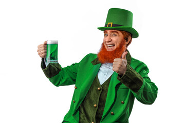 Leprechaun elf on St. Patrick's Day. Cheerful character Irish leprechaun for advertising with a red...