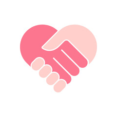 One heart, two hand palms, care love symbol. Pink heart handshake icon. Flat vector illustration isolated on white background.