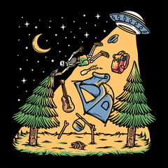 skull attacked by ufo while camping illustration © gunaonedesign