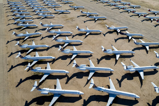 Commercial Airplane Jets In A Desert Aircraft Boneyard