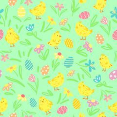Easter seamless pattern with cute chikens, easter eggs and spring flowers 