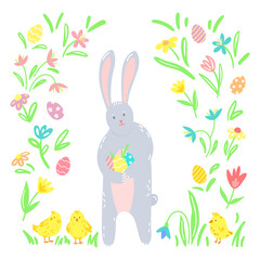 Spring decorative composition of Easter bunny with Easter eggs and flowers