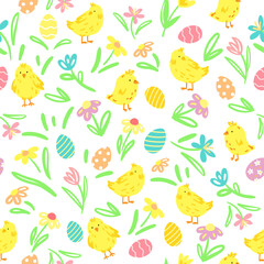 Easter seamless pattern with cute chikens, easter eggs and spring flowers