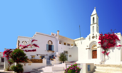 Stunning white Church of the Holy Trinity, in the village of Pyrgos, on the island of Tinos, in the Cyclades, in the heart of the Aegean Sea