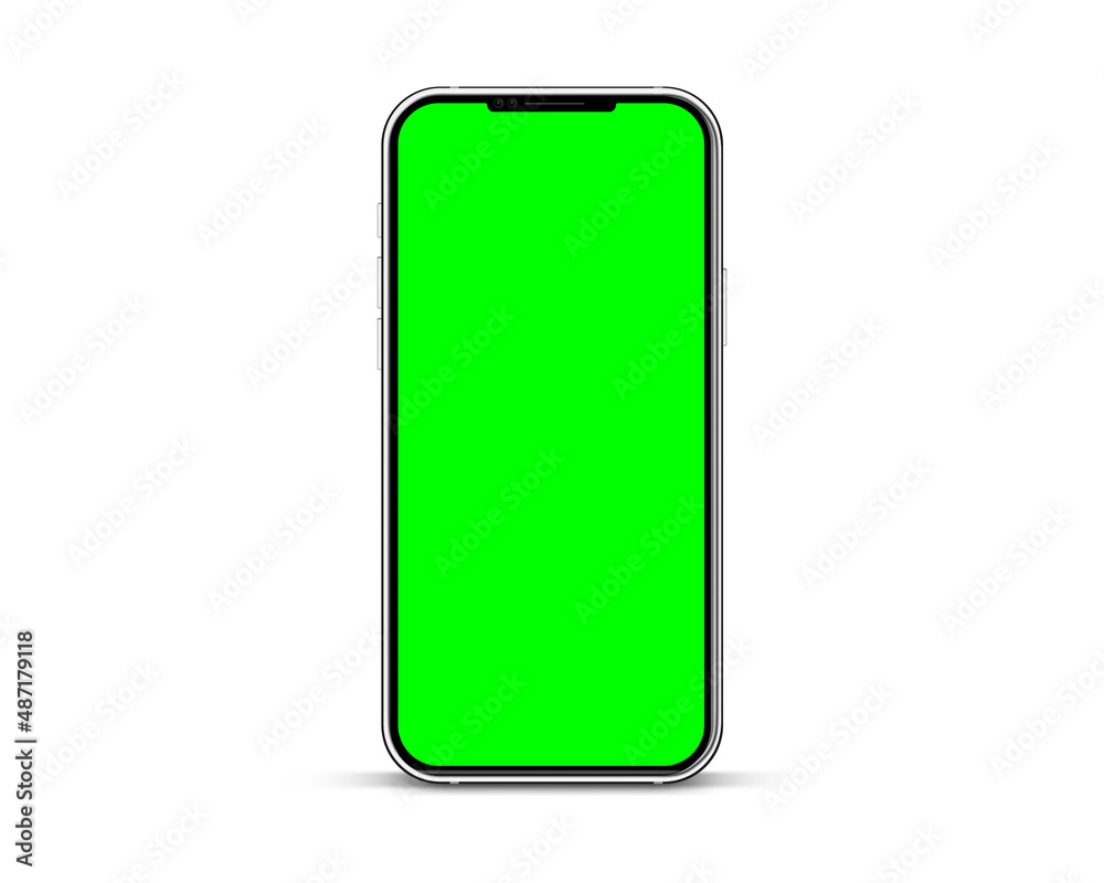 Poster Realistic smartphone with green chroma key touch screen background. Frameless mobile phone in front view. High quality detailed device mockup. Screen backdrop template. 3d Vector illustration.