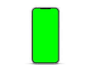 Realistic smartphone with green chroma key touch screen background. Frameless mobile phone in front view. High quality detailed device mockup. Screen backdrop template. 3d Vector illustration.