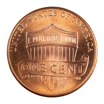 One Cent coin. Money United States of America. E Pluribus Unum. American cash. Financial marketplaces. US Bank. Metallic copper circle coin. High quality macro photo. Isolated white background.