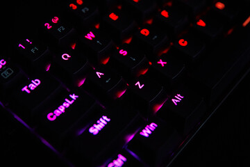 Gaming keyboard, close up. Mechanical rgb keyboard for computer games on dark backgound