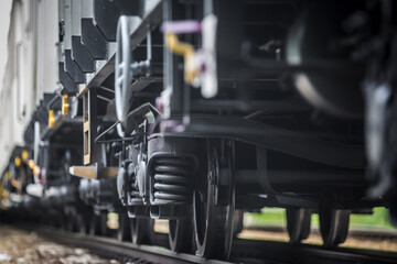 Close-up on a Train Car Undercarriage, passenger train, freight train - obrazy, fototapety, plakaty