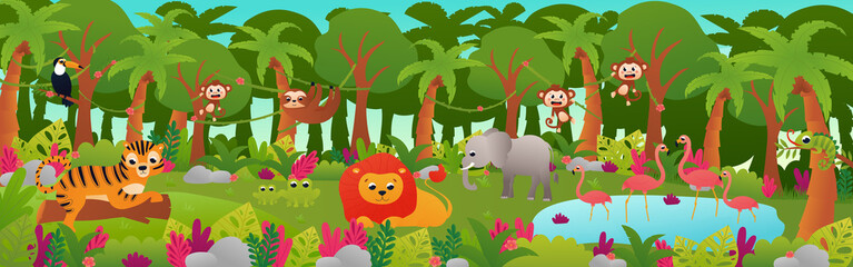 Obraz na płótnie Canvas Tropical jungle forest landscape with cute animals, web banner with lion, flamingos and tiger laying on wood trunk in cartoon style, zoo poster, horizontal rainforest with flowers and pond