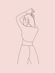 Abstract modern fashion illustration with woman silhouette backside in trendy line art style. Minimalist girl portrait for beauty salon, logo, poster, cover, print, textile, fabric, wallpaper