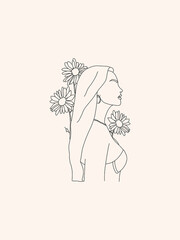 Woman portrait with floral elements in trendy line art style. Fashion illustration for print, poster, cover, banner, wall art, logo, tattoo.