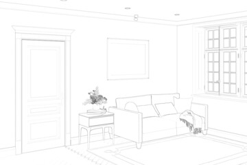 A sketch of the modern classic living room with a horizontal poster on a wall between a door and a window, a vase of flowers on a nightstand next to a sofa with pillows and a plaid. 3d render