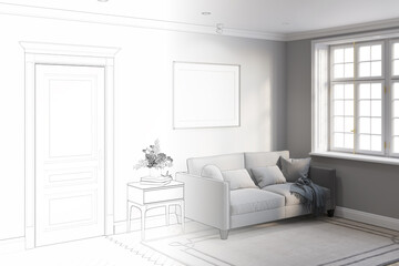 A sketch becomes a real modern classic living room with a blank horizontal poster on a gray wall between a door and a window, a vase of flowers on a nightstand next to a sofa with pillows. 3d render