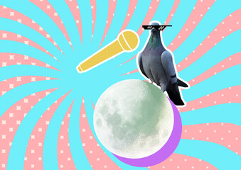 contemporary art collage. A dove in glasses sits on the moon. Bright surreal poster with a bird and...