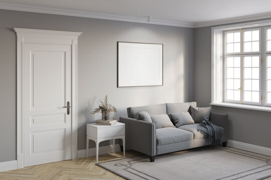 A modern classic living room with a blank illuminated horizontal poster on a gray wall between a door and a window, a vase of flowers on a nightstand next to a sofa with pillows and a plaid. 3d render