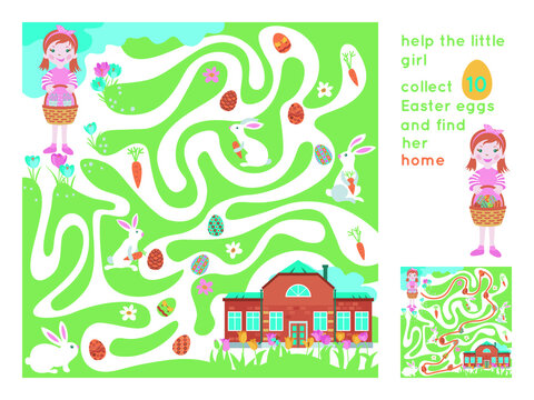 Help the little girl collect 10 Easter eggs and find her home. Maze game with solution. Developing game for children.