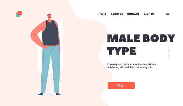 Male Character Figure Types Landing Page Template. Man with Rectangle Body Shape with Arms Akimbo, Person Posing